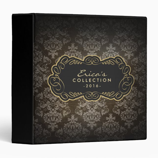 Vintage Damask Pattern Black & Gold Elegant Binder (Front/Spine)