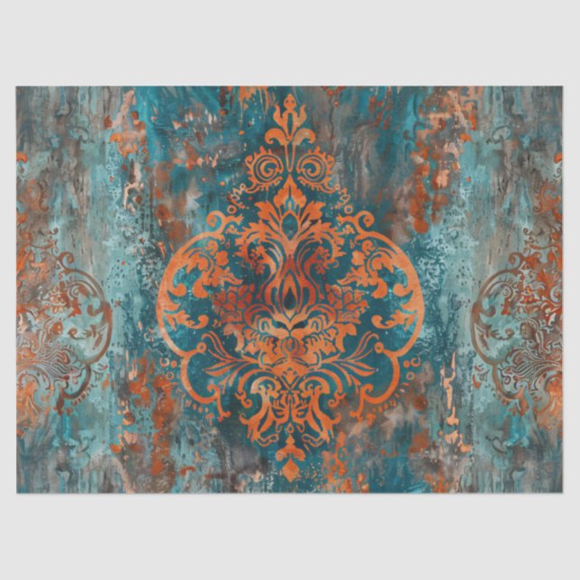 Vintage Damask Pattern Copper Teal Decoupage Tissue Paper (Front)