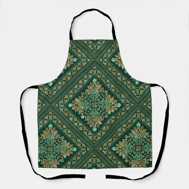 Vintage Damask Pattern - Emerald green and gold Apron (Front)