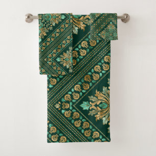 Vintage Damask Pattern - Emerald green and gold Bath Towel Set