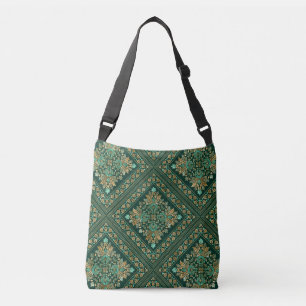 Vintage Damask Pattern - Emerald green and gold Crossbody Bag