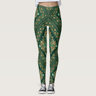 Vintage Damask Pattern - Emerald green and gold Leggings
