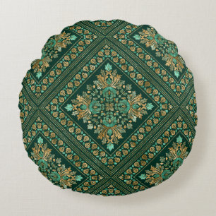 Vintage Damask Pattern - Emerald green and gold Round Pillow
