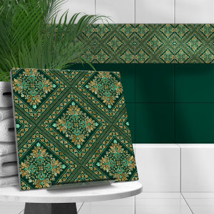 Vintage Damask Pattern - Emerald green and gold Tile