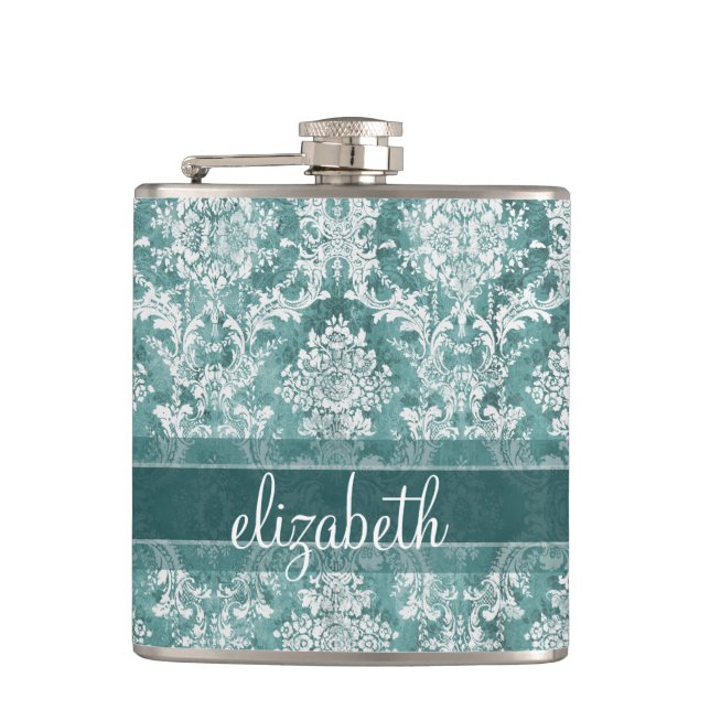 Vintage Damask Pattern with Grungy Finish Hip Flask (Front)