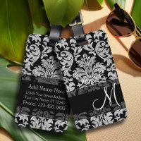Vintage Damask Pattern with Monogram Black White