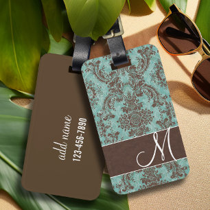 Vintage Damask Pattern with Monogram Luggage Tag