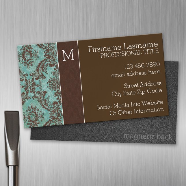 Vintage Damask Pattern with Monogram Magnetic Business Card (Custom Business Card Magnet)