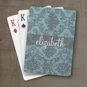 Vintage Damask Pattern with Monogram Playing Cards