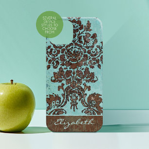 Vintage Damask Pattern with Name - teal grey iPhone 15 Pro Case