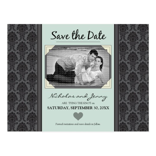 Vintage Damask Photo Sage Green Save the Date Postcard
