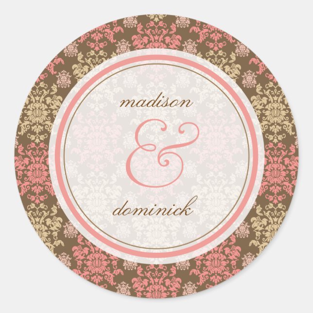 Vintage Damask Pink Lace Elegant Wedding Sticker (Front)