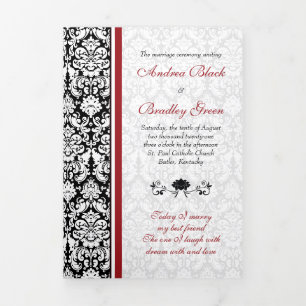 Vintage Damask Red Black  Tri-Fold Wedding Program