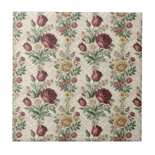 Vintage Damask Rose & Tulip Floral Pattern Artwork Tile