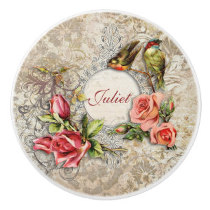 Vintage Damask Roses and Birds Personalized Ceramic Knob