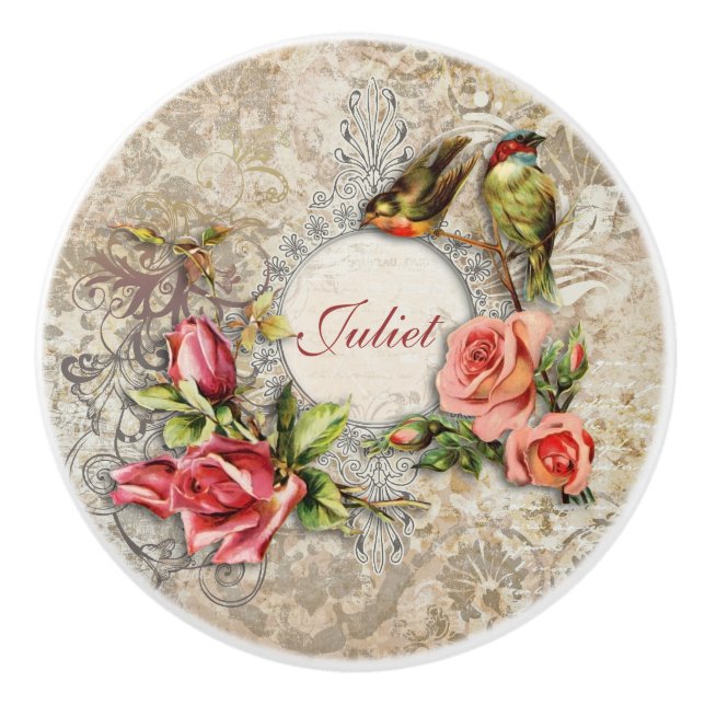 Vintage Damask Roses and Birds Personalized Ceramic Knob (Front)