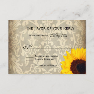 Vintage Damask Rustic Sunflower Wedding RSVP Cards