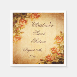 Vintage Damask Shabby Chic Peach Roses Serviettes Napkin
