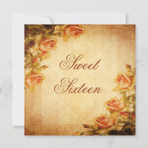 Vintage Damask Shabby Chic Peach Roses Sweet 16 Invitation
