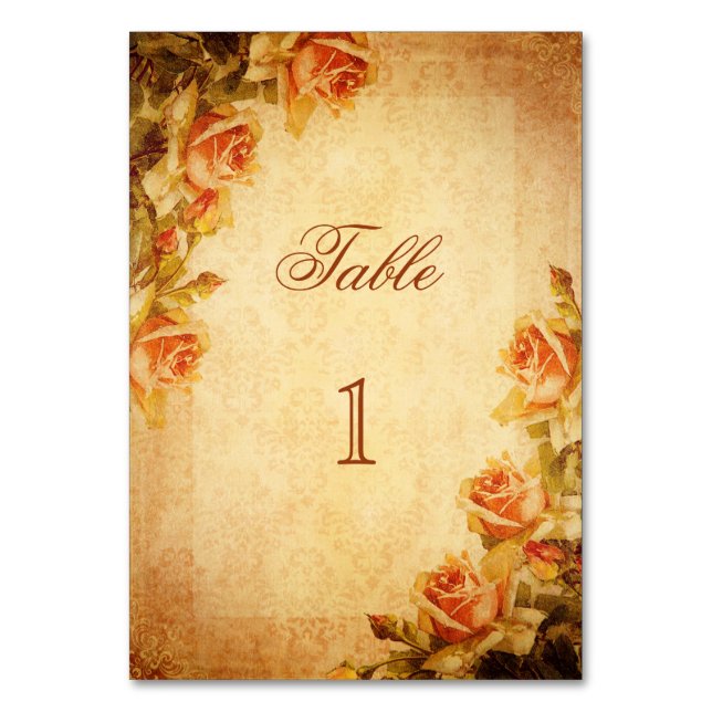 Vintage Damask Shabby Chic Peach Roses   Table Number (Front)