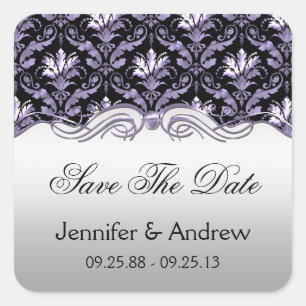 Vintage Damask Silver Black and Purple Save The Da Square Sticker