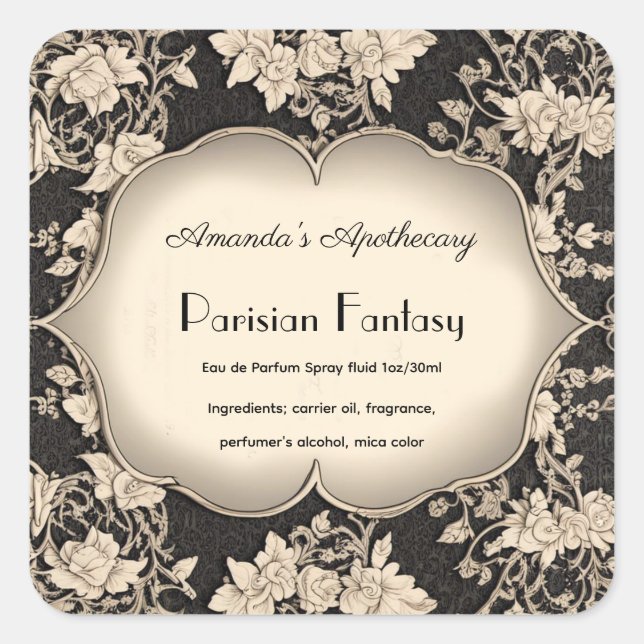 Vintage Damask Silver Frame Perfume Bottle Label (Front)