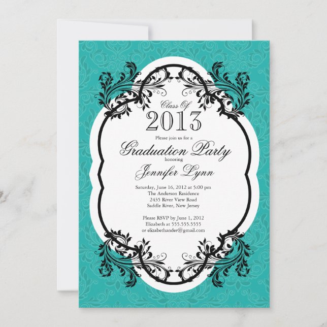 Vintage Damask Stylish Blue Graduation Party Invitation (Front)