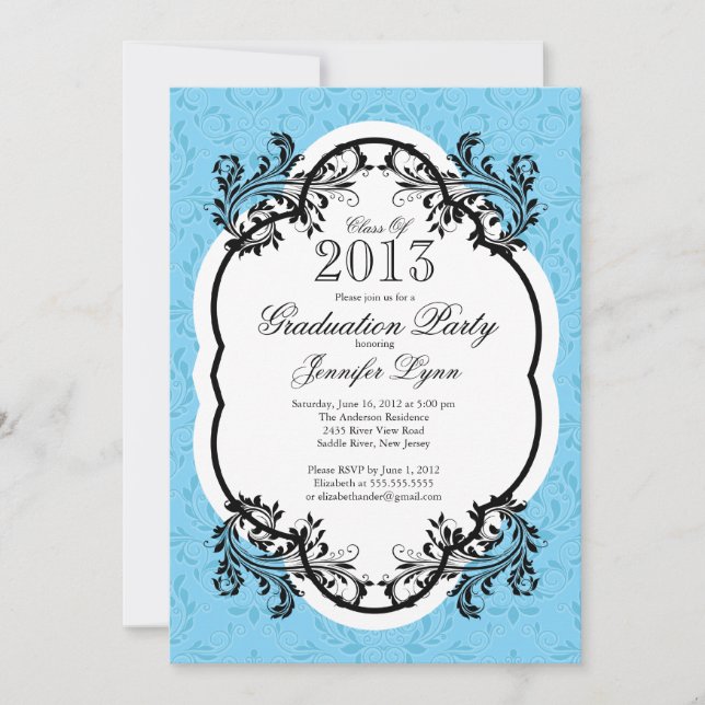 Vintage Damask Stylish Blue Graduation Party Invitation (Front)