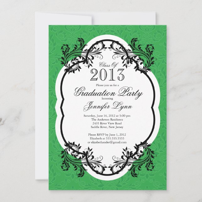 Vintage Damask Stylish Green Graduation Party Invitation (Front)