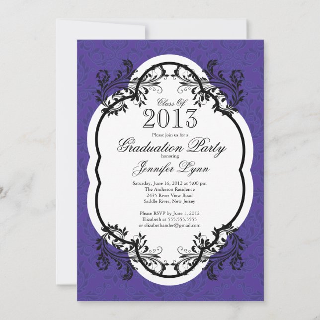 Vintage Damask Stylish Purple Graduation Party Invitation (Front)