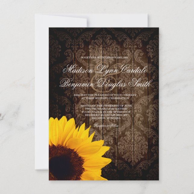 Vintage Damask Sunflower Rustic Wedding Invitation (Front)