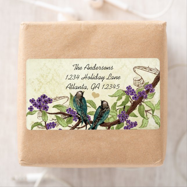 Vintage Damask Teal Bird Purple Flowering Branch (Insitu)