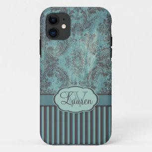 Vintage damask teal brown Monogram iPhone 11 Case