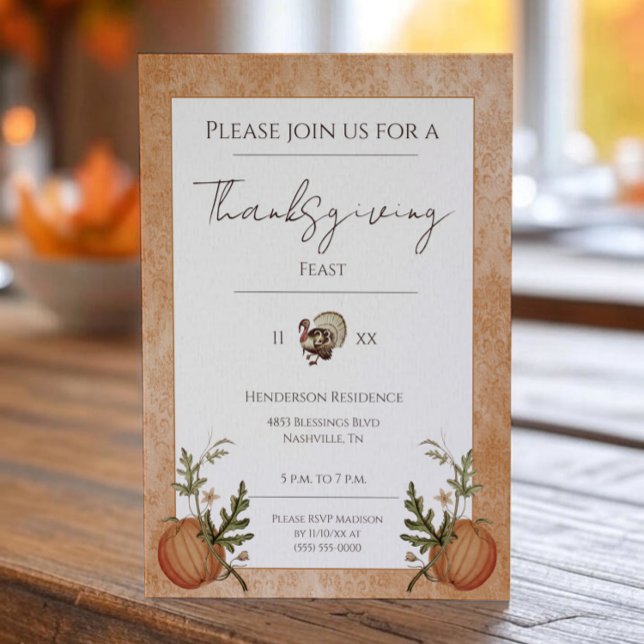 Vintage Damask Thanksgiving Dinner | Orange Invitation (Orange Vintage Damask Thanksgiving Dinner Invitation)