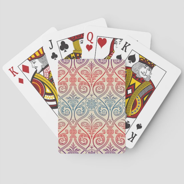 Vintage Damask Wallpaper - blue violet red Playing Cards (Back)