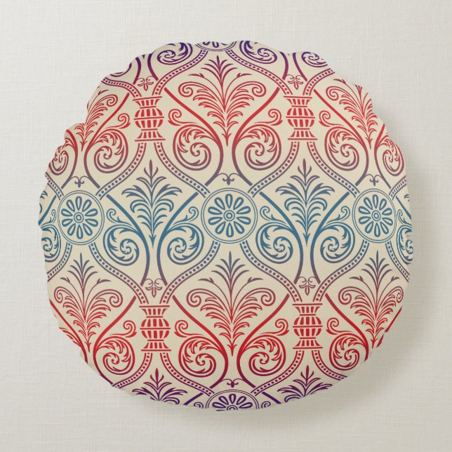 Vintage Damask Wallpaper - blue violet red Round Pillow (Front)