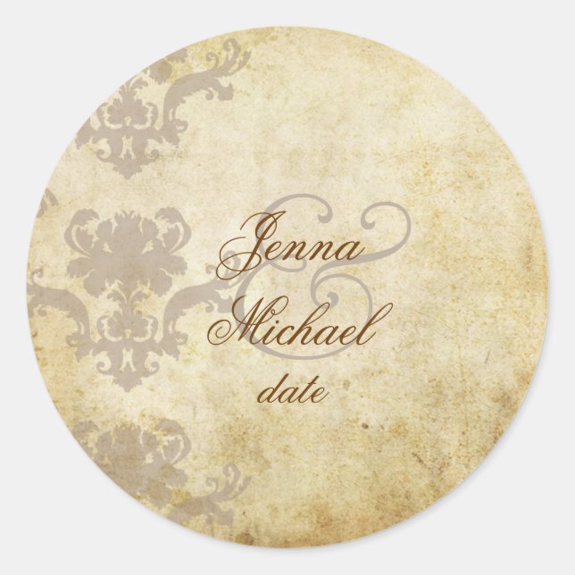VINTAGE DAMASK WEDDING INVITATIONS CLASSIC ROUND STICKER (Front)