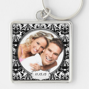 Vintage Damask Wedding Photo Key Chain