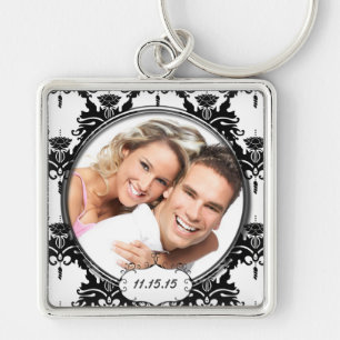 Vintage Damask Wedding Photo Key Chain