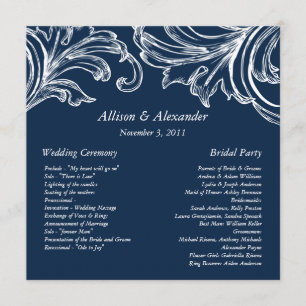 Vintage Damask Wedding Program Navy Blue & White