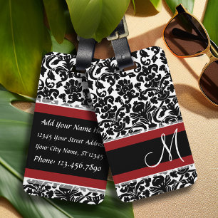 Vintage Damask with Monogram Red Black White Luggage Tag