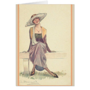 Vintage - Dame souriante sur le banc de parc,