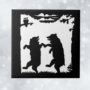 Vintage Dancing Bears Black Silhouette Trees Owl Tile