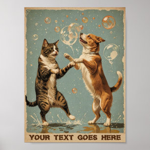 Vintage dancing cat and dog  poster
