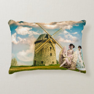 Vintage Dancing Flower Girls and Windmill Accent Pillow