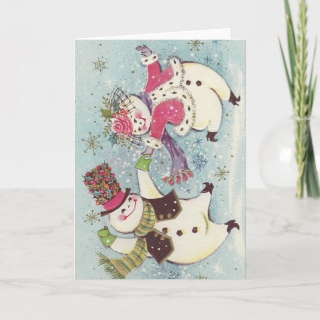 Vintage Dancing Snowman Couple Holiday Card (Front)