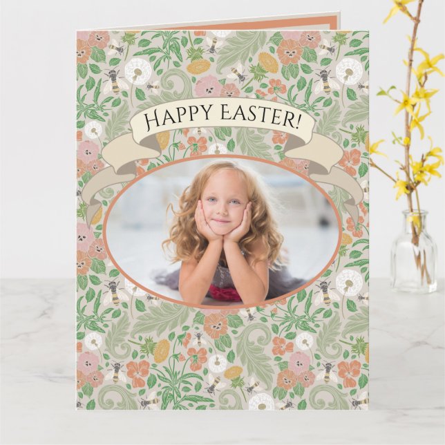 Vintage Dandelion Pansies Busy Bees Spring Photo Card (Yellow Flower)