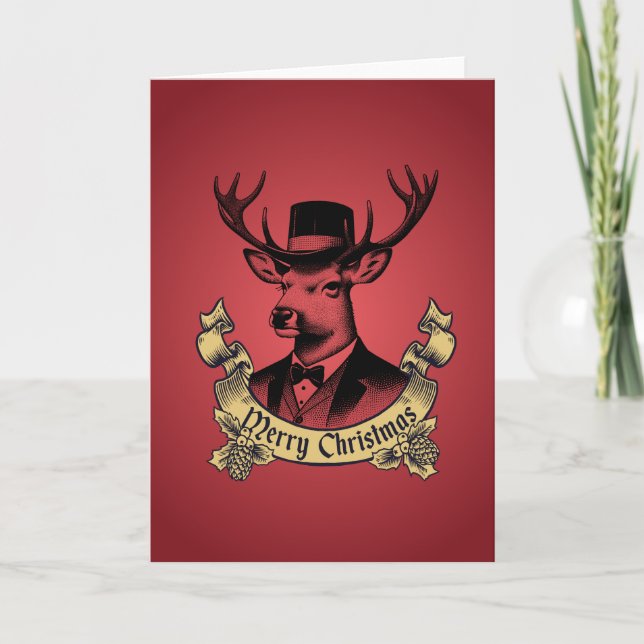 Vintage Dapper Reindeer Merry Christmas Card (Front)