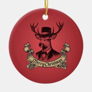 Vintage Dapper Reindeer Merry Christmas Ceramic Ornament