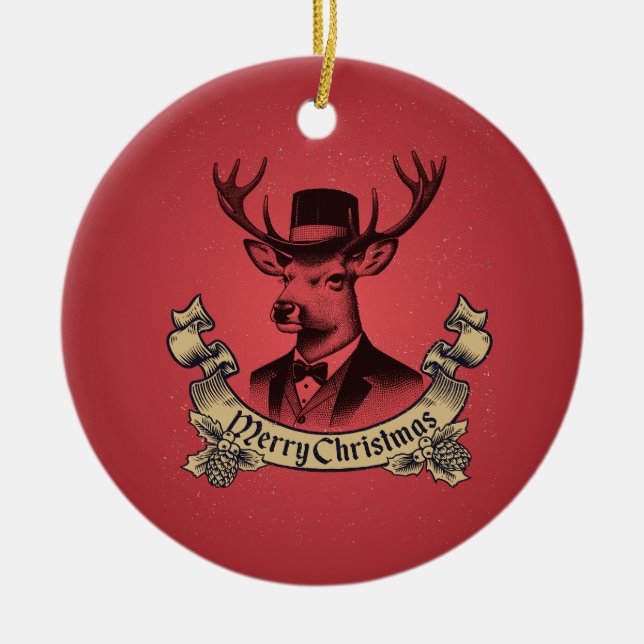 Vintage Dapper Reindeer Merry Christmas Ceramic Ornament (Front)